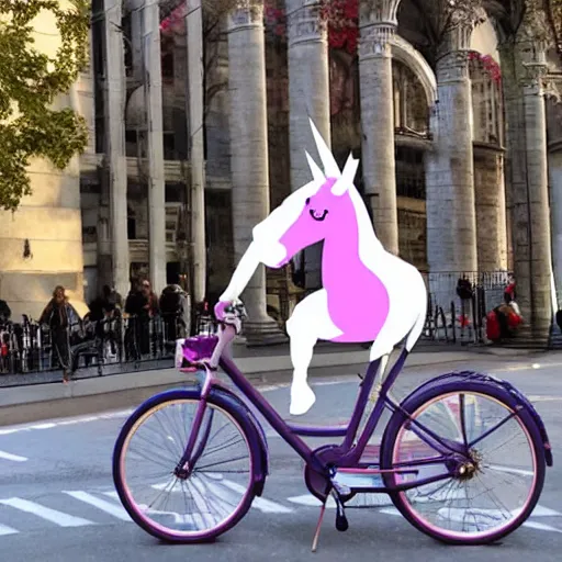 Image similar to unicorn riding on bikes in the city