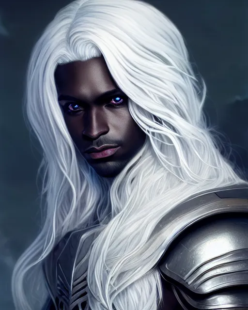 Prompt: portrait, beautiful male drow, long wavy white hair, super detailed, light black armor with silver accenting, silver wreath with sapphires, cape, 8 k, filmic, octane render, sunlight, clouds, artstation, greg rutkowski, rossdraws, william bouguereau, sharp focus