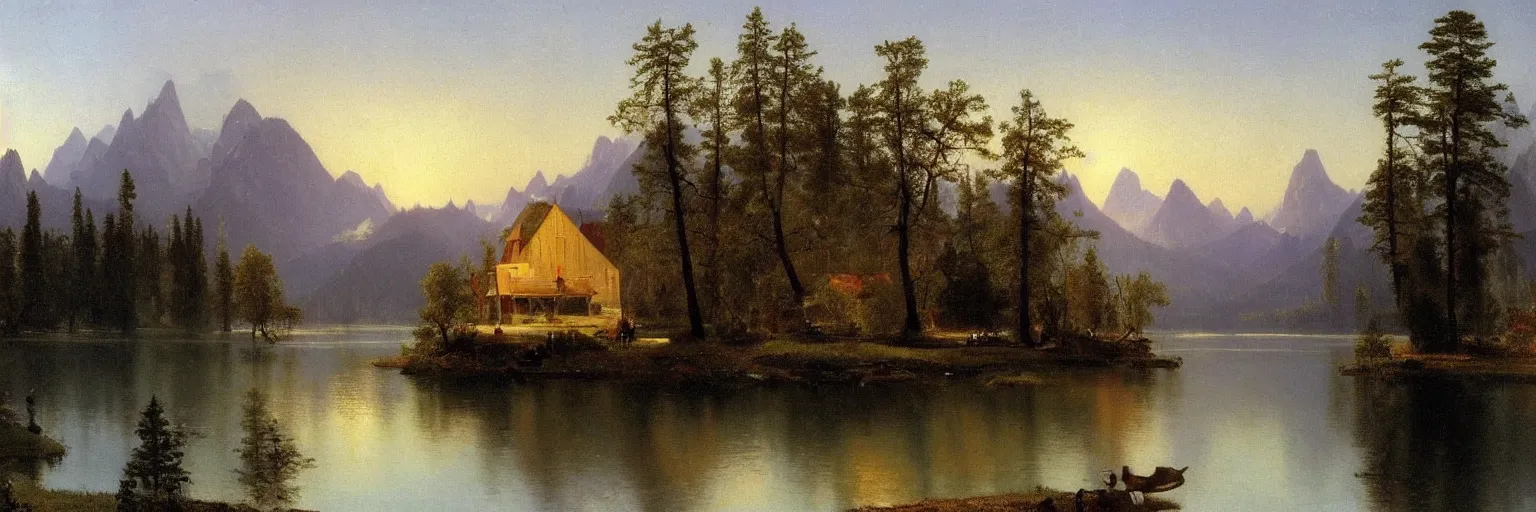 Prompt: beautiful albert bierstadt landscape painting of beautiful mountains and lakes with a mcdonald ’ s fast food restaurant in the scene