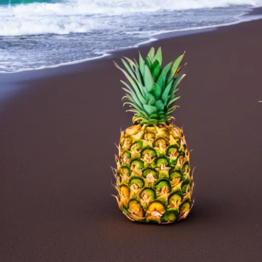 Prompt: a pineapple with a bikini on the beach.