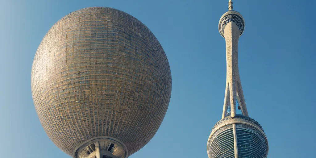 Image similar to a very high resolution image from a new movie, oriental pearl tower, front view, upside - down, shining, photorealistic, photography, directed by wes anderson