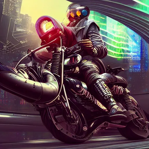 Image similar to cyberpunk acid trip on a futuristic motorcycle, hyper detailed, digital art, trending in artstation, cinematic lighting, studio quality.