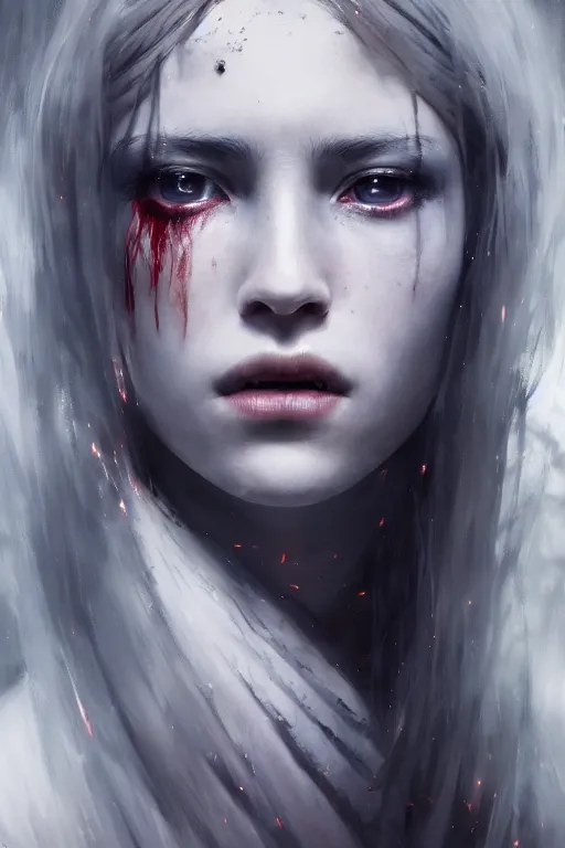 Image similar to a beautiful portrait of a young Demon women covered in white flames with an intense look on her face by Greg Rutkowski, Sung Choi, Mitchell Mohrhauser, Maciej Kuciara, Johnson Ting, Maxim Verehin, Peter Konig, Bloodborne , 8k photorealistic, cinematic lighting, HD, high details, atmospheric , trending on artstation