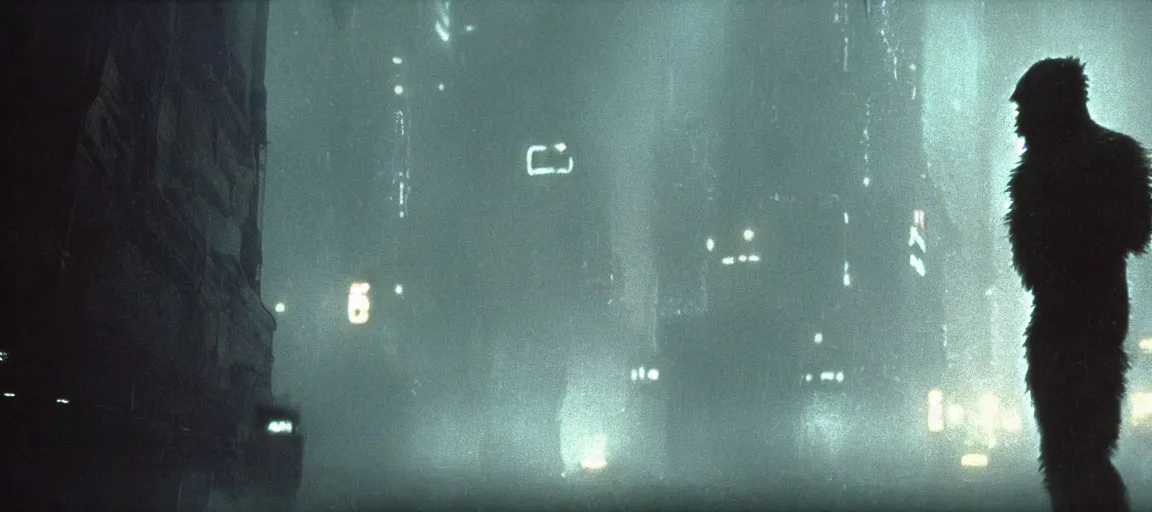 Image similar to an award winning photo of a lone bigfoot in a still from the movie blade runner ( 1 9 8 2 ), 4 k, high quality