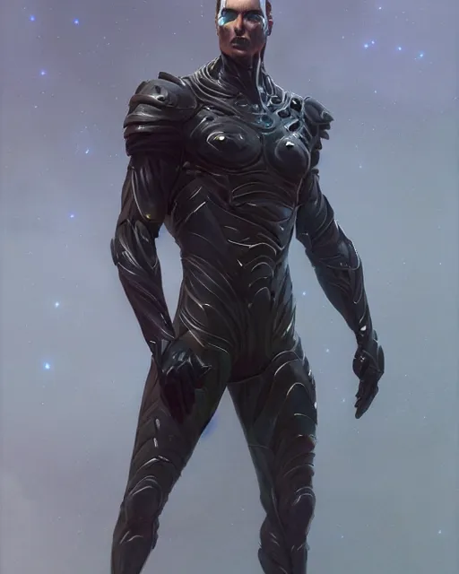 Image similar to sleek wiry muscular male smooth black pearlescent scifi armor, by greg rutkowski and mark brookes and jim burns and tom bagshaw and magali villeneuve, trending on artstation