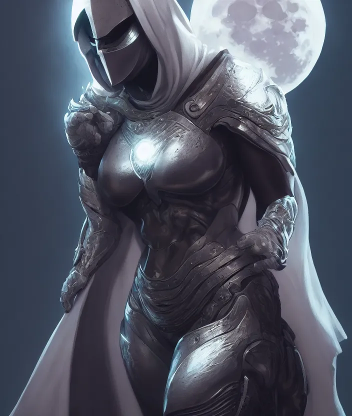 Image similar to female moon knight, hyper detailed, digital art, trending in artstation, cinematic lighting, studio quality, smooth render, unreal engine 5 rendered, octane rendered, art style by klimt and nixeu and ian sprigger and wlop and krenz cushart