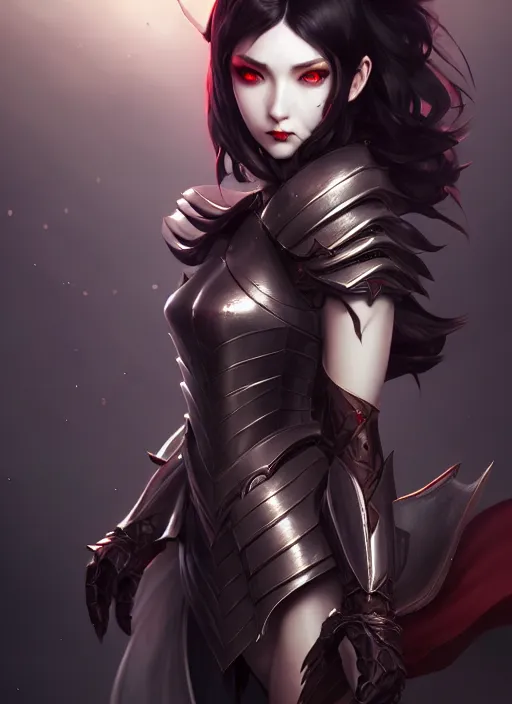 Image similar to full plate armor!!! beautiful and elegant dark hair female vampire!! gorgeous ayes!! character concept art, sharp focus, octane render! unreal engine 5! highly rendered!! trending on artstation!! detailed linework!! illustration by artgerm, wlop, and chie yoshii