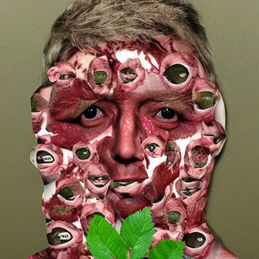 Prompt: a rose bush made out of human faces, skin, eyes, and meat.