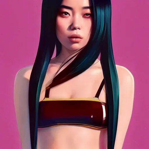 Image similar to a beautiful young japanese billie eilish lucy liu alluring instagram model in elaborate latex bikini tank top, tank top made from latex demon faces, by guweiz and wlop and ilya kuvshinov and artgerm and, aesthetic, gorgeous, stunning, alluring, attractive, artstation, deviantart, pinterest, digital art