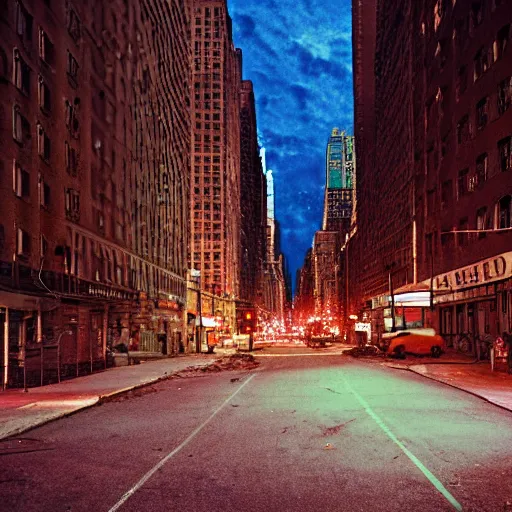 Image similar to color photograph, highly detailed abandoned New York city street at night after the war between humans and AIs, film grain, soft vignette, sigma 85mm f/1.4 1/10 sec shutter, film still promotional image, IMAX 70mm footage