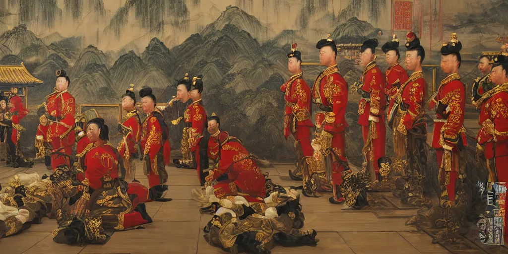 Image similar to Highly detailed and cinematic romantic period oil painting of Imperial Chinese palace guards bowing to the Chinese emperor, strong atmosphere, oil painting masterpiece by Josep Tapiró Baró, symmetry, fractals