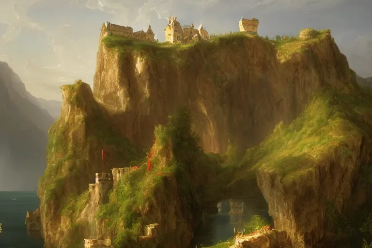 Prompt: a german castle on the cliff, by thomas cole, trending on artstation