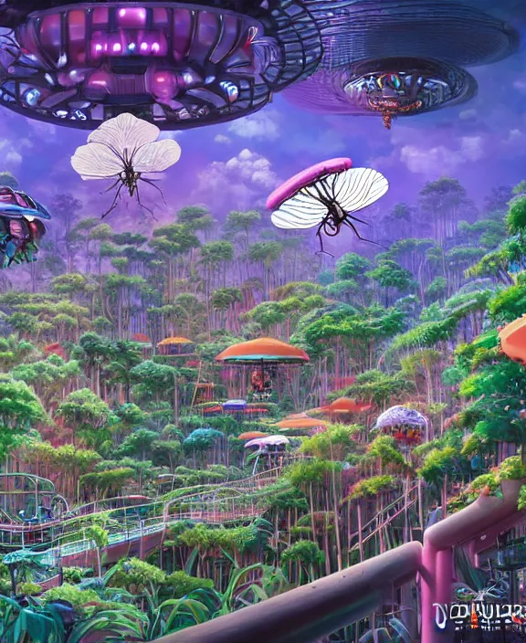 Prompt: an amusement park made out of alien isopod dragonflies, in the style of an seamless robot, overgrown with puffy orchids, partly cloudy, somber, dramatic lighting, by dan mumford, yusuke murata, makoto shinkai, ross tran, cinematic, unreal engine, cel shaded, featured on artstation, pixiv