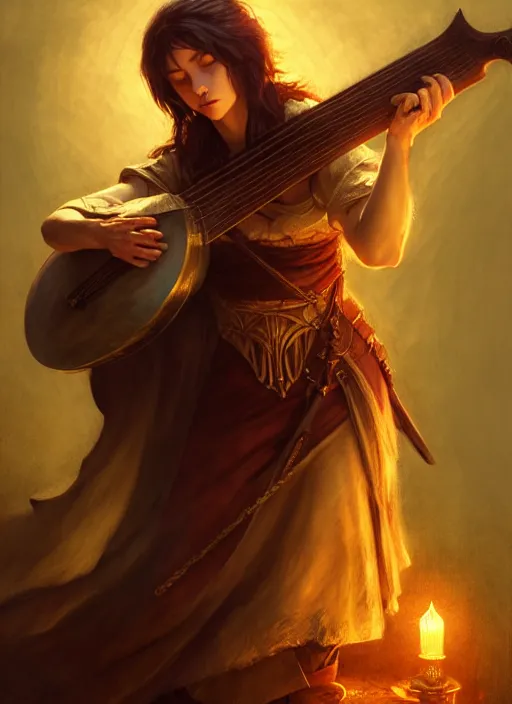 Image similar to bard playing lute, full body, hyper realistic, extremely detailed, dnd character art portrait, dark fantasy art, intricate fantasy painting, dramatic lighting, vivid colors, deviantart, artstation, by clyde caldwell and krenz cushart and artem demura and john williams waterhouse