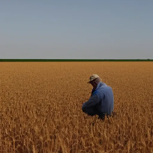 Image similar to man working in the wheat field and looking at constellation orion 4 k photorealistic