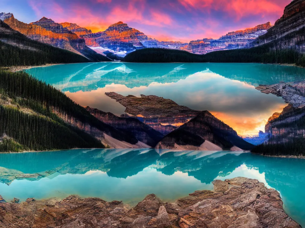 Image similar to lake louise panaroma at dawn detailed luminescent oil painting 4 k