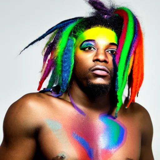 Prompt: black man with rainbow dreads, professional studio photography