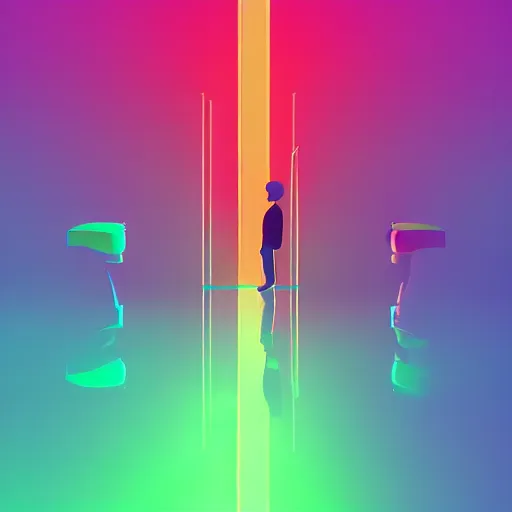 Prompt: a computer rendition by beeple, a small silhouette of a man standing in front of three : orange, green and cyan neon glowing vertical stripes, trending on artstation, 8 k resolution