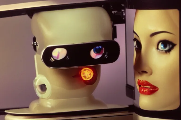 Image similar to beautiful woman robot sticking her head inside of a toy oven, from 1985, bathed in the glow of a crt television, crt screens in background, low-light photograph, in style of jun takahashi