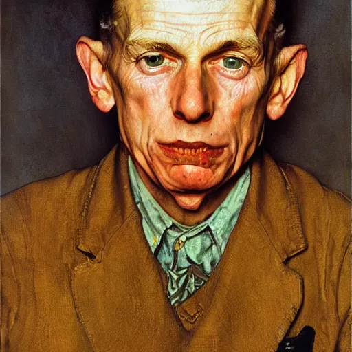 Image similar to high quality high detail painting by norman rockwell and lucian freud, hd, portrait of a dangerous psychopath, intense demonic look in the eyes, photorealistic lighting