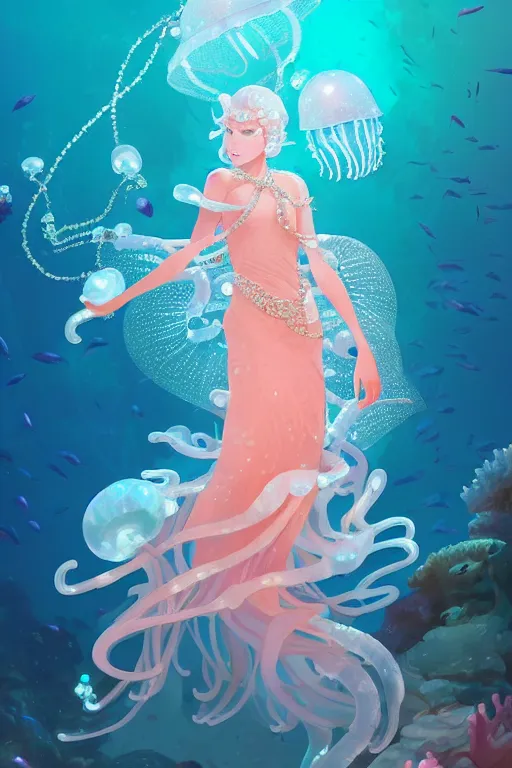 Image similar to a beautiful queen of ocean in the middle of coral reefs, pearl crystal jewelry, complex and shiny dress inspired by jellyfish, by ross tran and atey ghailan, by greg rutkowski, by greg tocchini, by james gilleard, by joe fenton, by kaethe butcher, dynamic lighting, grunge aesthetic