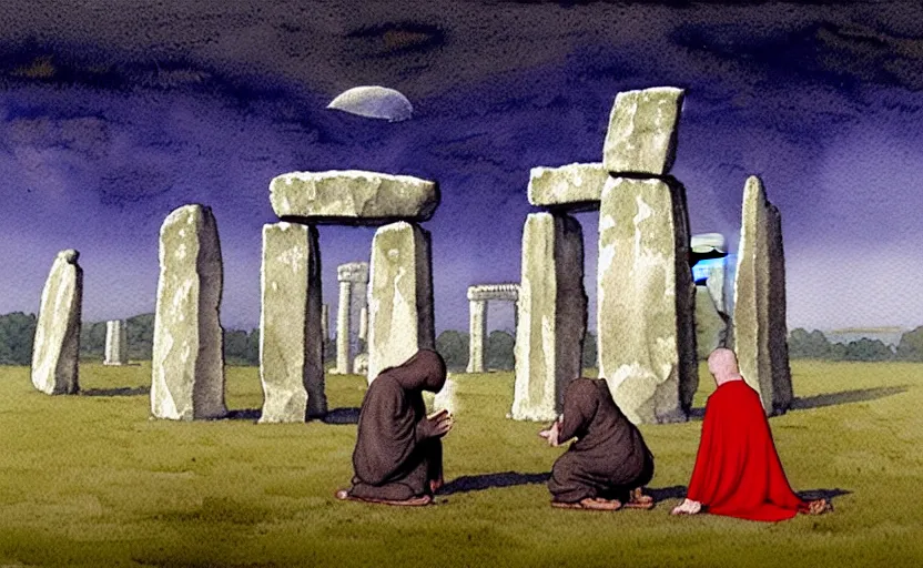 Prompt: a hyperrealist watercolour character concept art portrait of one small grey medieval monk and another giant orange medieval monk kneeling down in prayer in front of a complete stonehenge monument on a misty night. a ufo is in the sky. by rebecca guay, michael kaluta, charles vess and jean moebius giraud