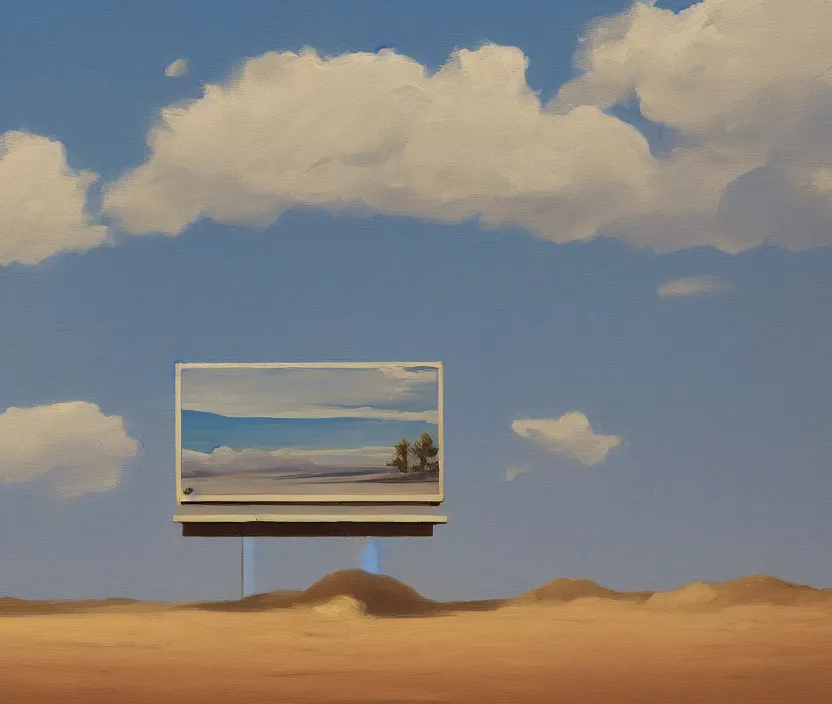 Prompt: a very detailed painting of one billboard in the empty desert, baby blue sky with very aesthetic stylized clouds, in the style of edward hopper, very small brushstrokes, 4 k,