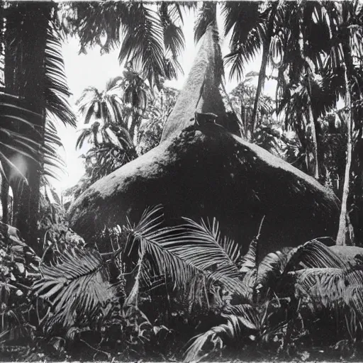 Image similar to lost film footage of a sacred indigenous artifact in the middle of the ( ( ( ( ( ( ( ( ( ( tropical jungle ) ) ) ) ) ) ) ) ) ) / ethnographic object / film still / cinematic / enhanced / 1 9 0 0 s / black and white / grain