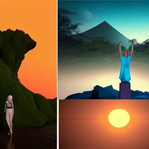 Image similar to a low-poly render of a big purple hand holding the orange setting sun on the ocean horizon. a green tinted transparent beckoning lady in front of a waterfall. a cream colored abandoned building featuring two statues and pitch black periphery. a prehistoric jungle scene with a mountain in the background.