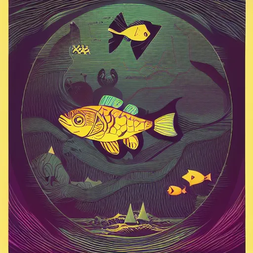 Image similar to one stylized fish in center of view, viewed in profile, dark ocean, complex patterns, artstation, intricate, realistic, highly detailed, digital painting, concept art, sharp focus, illustration by tom whalen and charles williams and kilian eng and james jean