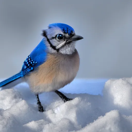 Image similar to the smallest most cutest most adorable little bluejay ever known or seen playing in a pile of snow during winter outside the window and trending on art station, stylized painting, high resolution, real life, photograph, photorealistic