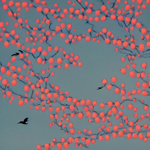 Image similar to birds on cherry tree, Changelingcore, serene, graceful, sunset photo at golden hour, Kodachrome, digital painting by M. C. Escher