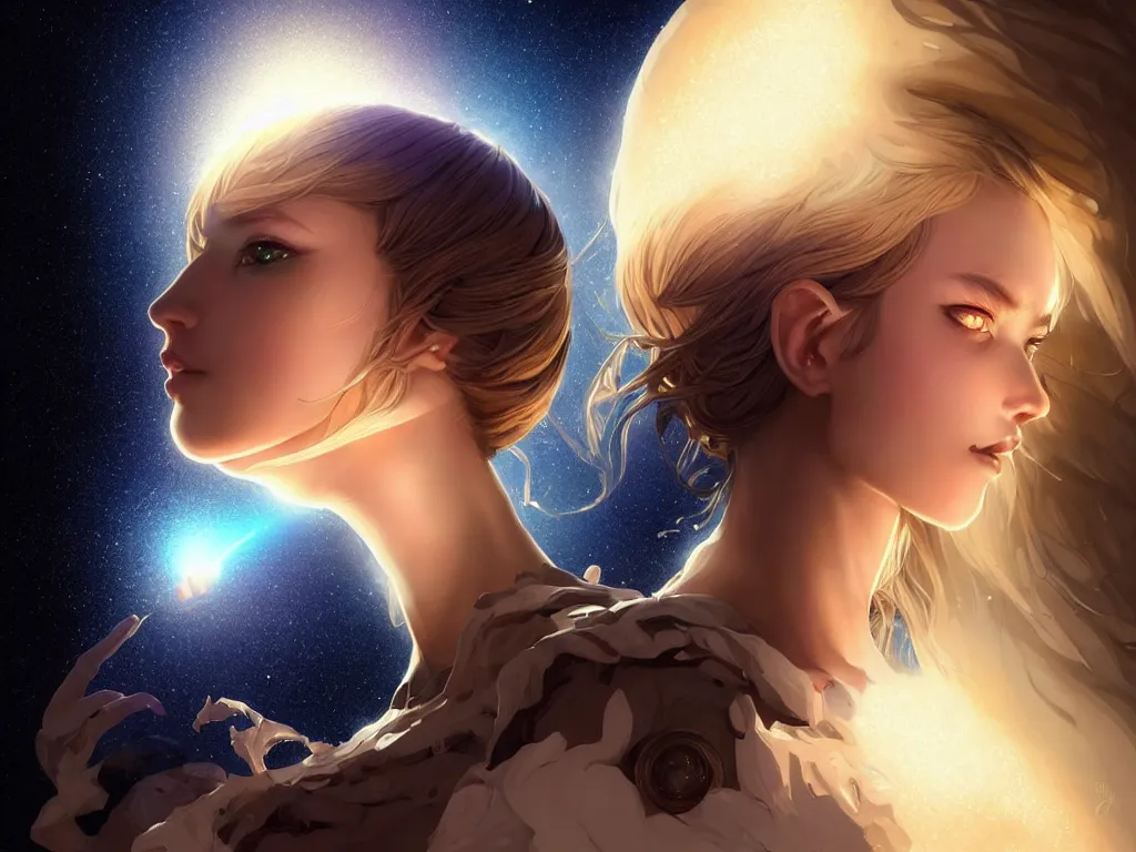 Image similar to a girl wearing a dress made of milky way with outer gods, conquest the earth, occlusion shadow, specular reflection, rim light, unreal engine, artgerm, artstation, art by hiroaki samura and ilya kuvshinov and ossdraws, intricate, highly detailed 8 k, fantasy illustration, extremely beautiful and aesthetic shape of face and body