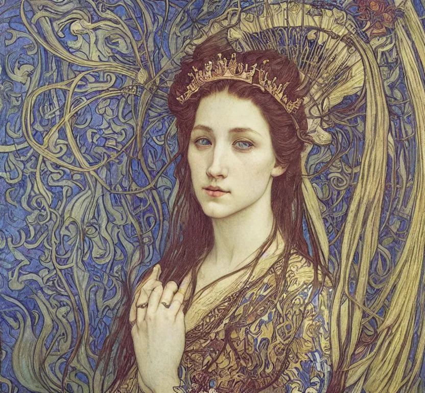 Image similar to detailed realistic beautiful young medieval queen face portrait by jean delville, alphonse mucha, vincent van gogh, and marco mazzoni, art nouveau, symbolist, visionary, gothic, pre - raphaelite