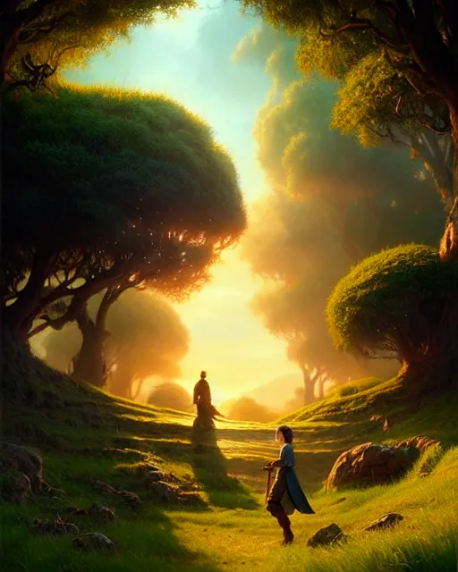 Image similar to subsurface scattering, the shire, movie action still frame, ultra wide horizon, intricate, elegant, highly detailed, hyperrealism, digital painting, concept art, smooth, sharp, focus, illustration, art by artgerm, greg rutkowski, ilya kuvshinov, square enix cinematic art, artstation