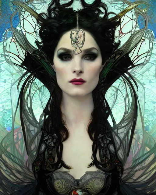 Prompt: wlop and alfons mucha detailed portrait digital rococo painting of a beautiful serious villainess wearing fantasy clothing like liliana vess, villainess has black angel wings, evil mood, hellish battlefield in the background, unreal engine, embers flying, hyper realism, realistic shading, cinematic composition, blender render, octane render, ultrawide shot