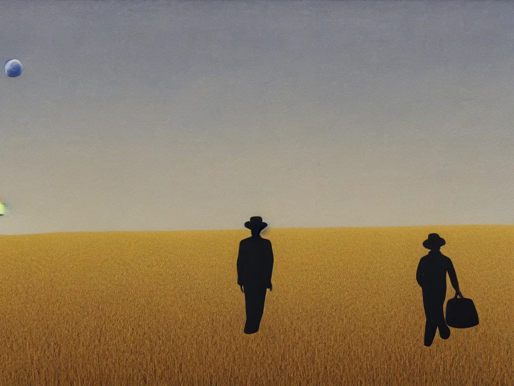 Prompt: a painting of a lonely figure walking away in a wheat field with planet circles above the horizon on a bright noon, minimalistic, sharp edges, elegant, highly detailed, digital painting, artstation, concept art, smooth, sharp focus, colored illustration for tattoo, art by krenz cushart and rene magritte and david inshaw,