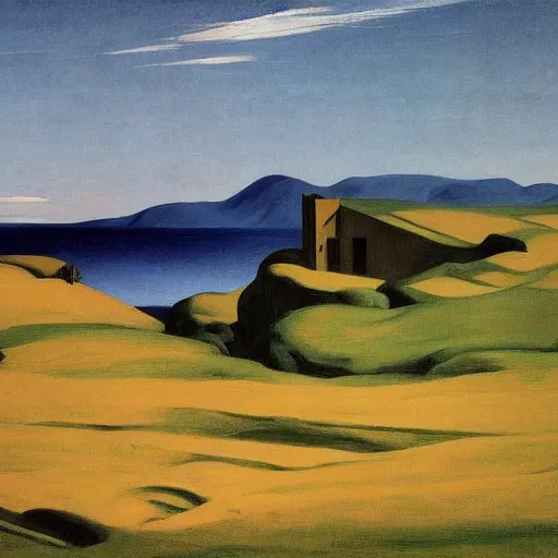 Image similar to landscape of donegal ireland, by edward hopper and giorgio de chirico