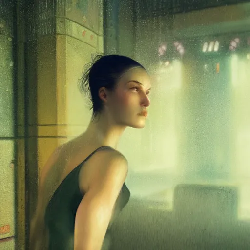 Image similar to detailed face of a woman, moment, cyberpunk mosque interior, displays, tech noir, wet reflections, atmospheric, ambient, livia prima, greg rutkowski, edward hopper