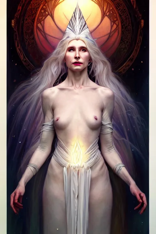 Image similar to realistic wide angle portrait of a beautiful white witch, standing, crafting spells, bright witch, beautiful face, fantasy, chaos, magic, dark magic, dramatic lighting, intricate, wild, highly detailed, digital painting, artstation, concept art, smooth, sharp focus, illustration, art by artgerm and greg rutkowski and alphonse mucha, footage from space camera