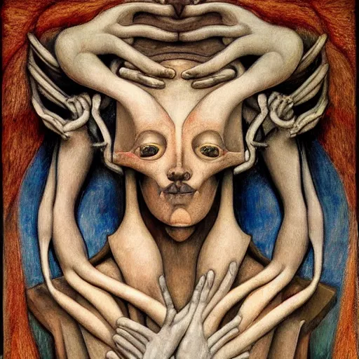 Image similar to weeping robot wearing the bone crown, by Annie Swynnerton and Diego Rivera and Evelyn De Morgan, symbolist, dramatic lighting, elaborate geometric ornament, god rays, soft cool colors,smooth, sharp focus, extremely detailed, Adolf Wölfli