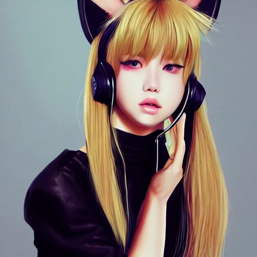 Image similar to realistic beautiful gorgeous natural cute Blackpink Lalisa Manoban blonde hair cute fur blonde cat ears, wearing camisole, wearing headphones, wearing black leather choker artwork drawn full HD 4K highest quality in artstyle by professional artists WLOP, Taejune Kim, Guweiz on Artstation Pixiv