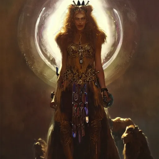 Prompt: mystical cosmic goth lion viking messenger queen, oil painting by greg rutkowski, james jean, frank crozier, ellis silas, john singer sargent, george bellows, georgia o keeffe. 4 k high - quality, emotional