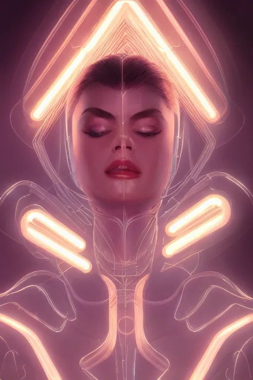 Image similar to portrait of female humanoid from 6 0 s era, intricate, elegant, cyber neon lights, highly detailed, digital painting, artstation, glamor pose, concept art, smooth, sharp focus illustration, art by artgerm and greg rutkowski