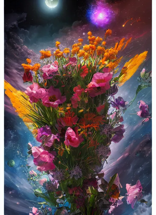 Image similar to An epic fantastic realism comic book style painting of the most beautiful expanding flowers launched across the dark and starry universe, floating bouquets, fisheye lens, unreal 5, DAZ, hyperrealistic, octane render, dynamic lighting