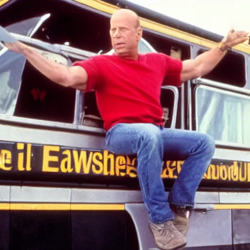 Prompt: bruce willis learning to fly in the back of a bus, realistic photograph, vintage