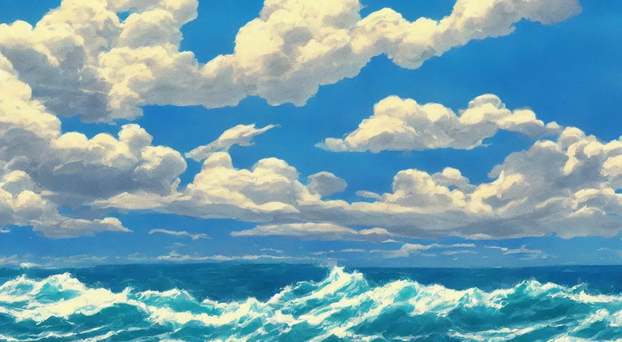 Image similar to ocean side beach blue sky clouds waves water beautiful artstation 4 k breathtaking illustration cartoon by jack kirby artstation concept art matte painting