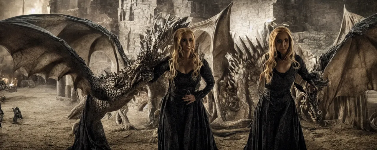 Prompt: A film scene of Sarah Michelle Geller in the TV series Game of Thrones, with a dragon eating a vampire in the Bakcground, High detail