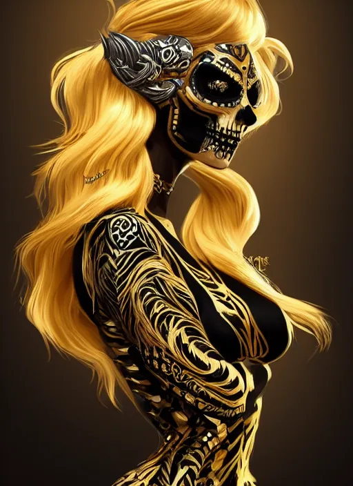 Image similar to a highly detailed illustration of fierce blonde tanned skin goddess wearing black and gold skull dress, dramatic powerful pose, perfect face, perfect body, intricate, elegant, highly detailed, centered, digital painting, artstation, concept art, smooth, sharp focus, league of legends concept art, wlop