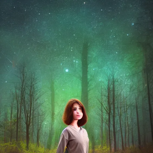 Image similar to an hd photo of a young woman with short brown hair and green eyes, beautiful trees in the background, night sky with stars and galaxies, trending on artstation